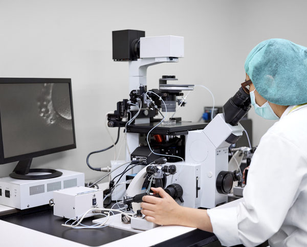 microscópio em laboratório de reprodução humana com uma pessoa realizando a biopsia embrionaria que aparece no monitor ao lado do microscópio